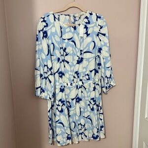 LOFT Blue and Cream Floral Long Sleeve Dress